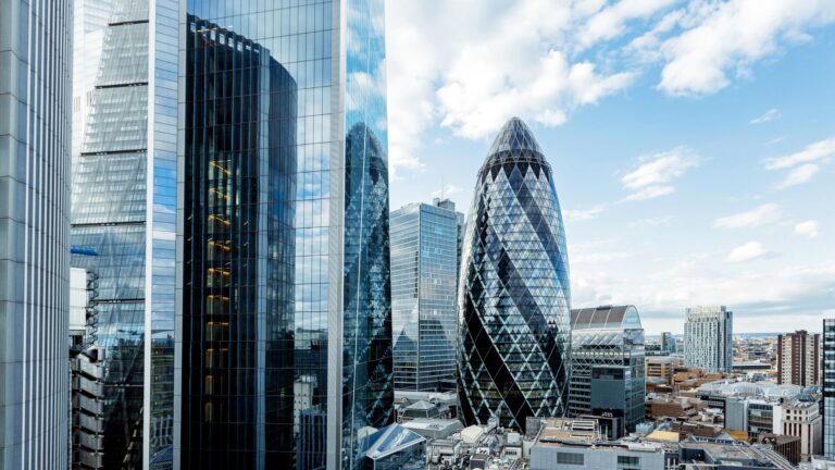 The Gherkin sky scrapper in financial district in London.