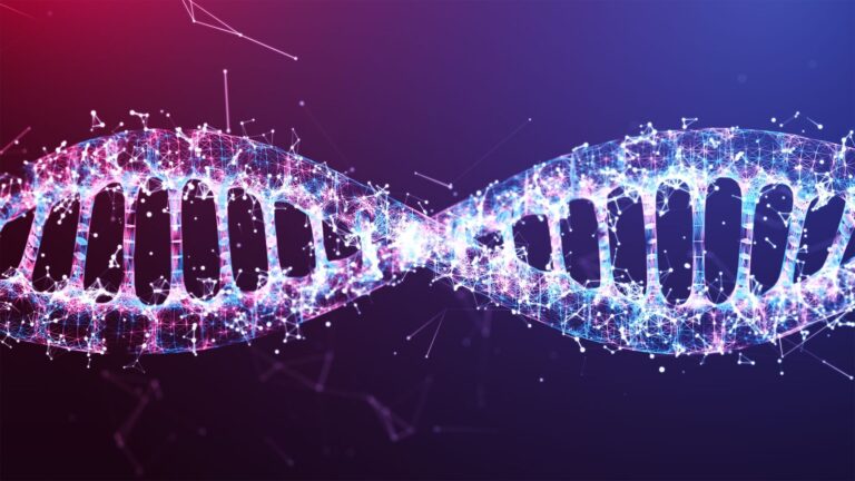 Graphic of a double helix animated digitally against a blue and red background.
