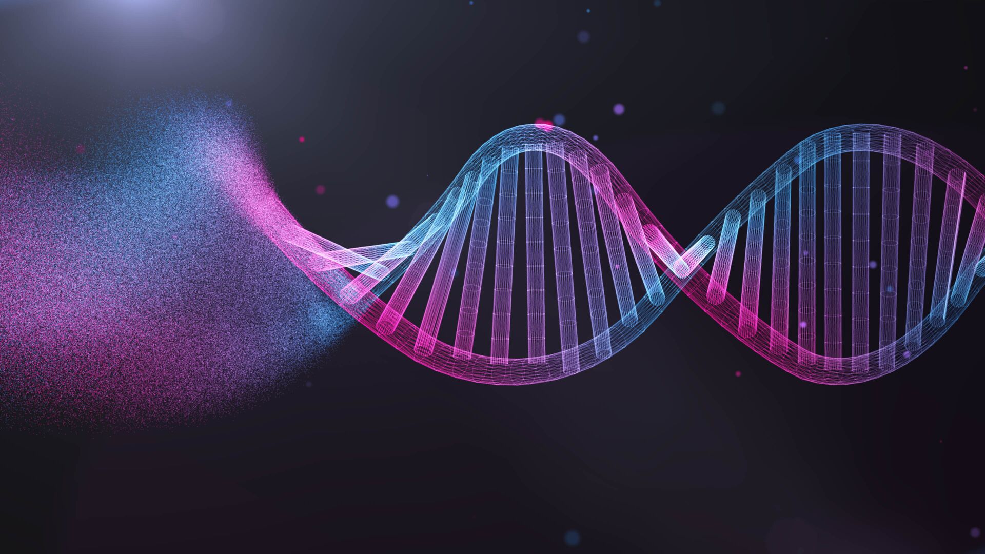 DNA stand in neon purple, pinks and blues against a black background.
