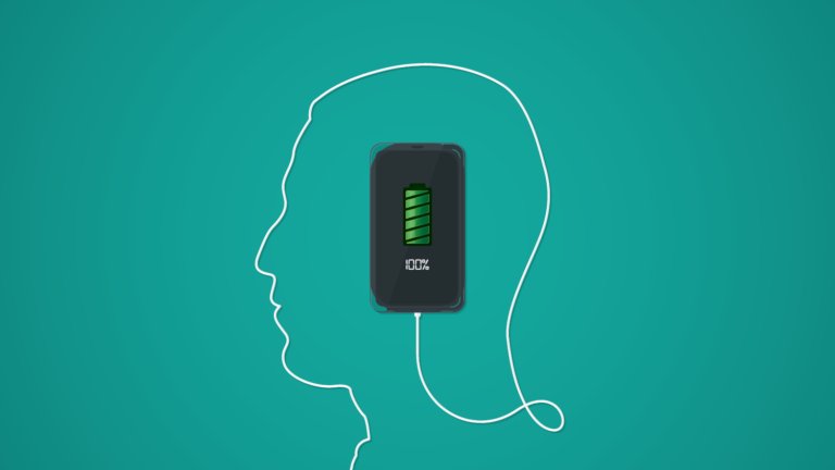 Fully charged battery inside of an outlined male human head against teal green backdrop, digital mental healthcare concept. Ofer Leidner, Co-Founder of Happify Health, and Charles Rhyee, Health Care Technology Analyst discuss treating mental health via gamification.