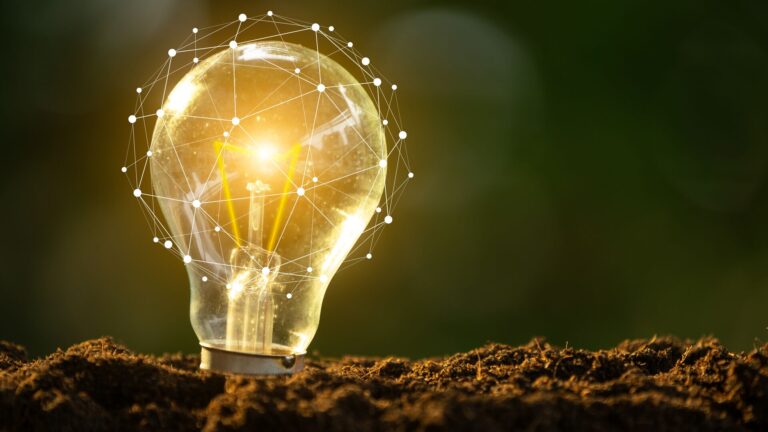 Concept for reservoir analysis used to evaluate CO2 storage. Related to sustainability, clean energy, and big data. The image is of a light bulb growing in soil with data circuits circulating around the lightbulb as if reflected by yellow light of the bulb.