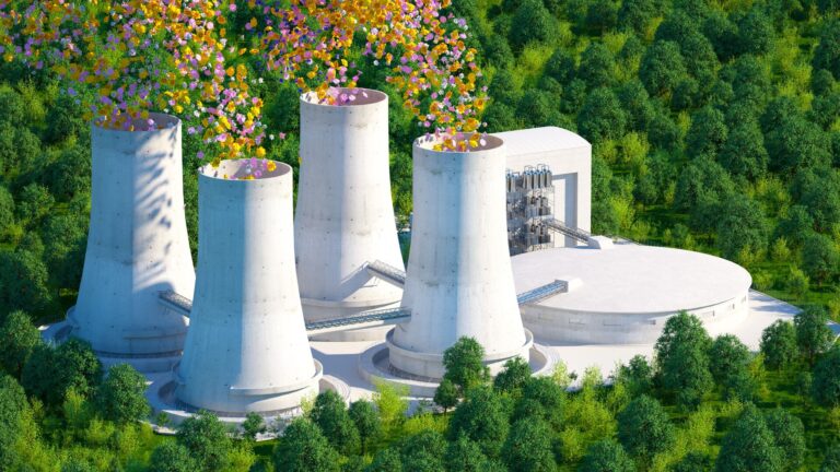 Concept for safer and sustainable nuclear energy as an green energy alternative. Images is of flowers spewing out of white nuclear energy plant surrounded by grfeen trees.