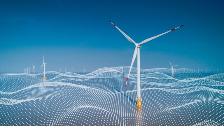 Renewable energy concept. Windmills on a nexus grid in the sky. Showcasing the future of cost-effective renewable energy.