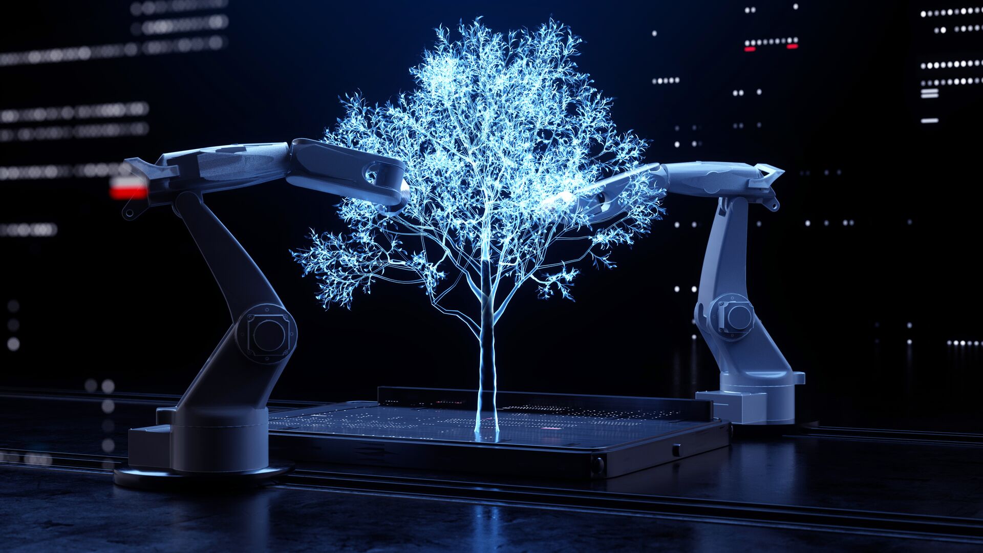 Concept around the premise that robotics is a key tool for combating climate change, fostering sustainable industry, and supporting ESG. The image is of two assembly robots making a digital rendering of a tree, effectively growing and nurturing the tree. Neon blue lighting against a black background with a city-scape visible in the background.
