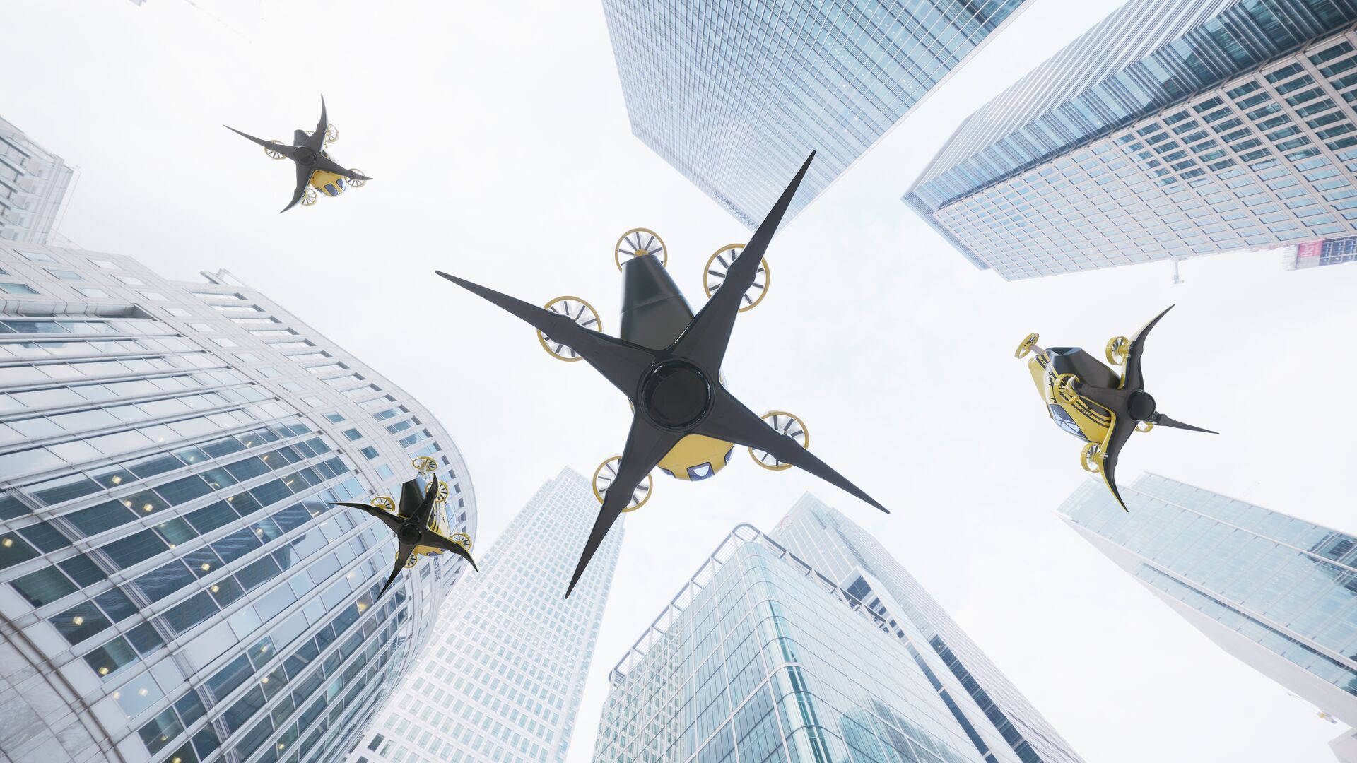 EVTOl helicopters ascending in a city surrounded by tall buildings. An image meant to show the growth of EVTOL.