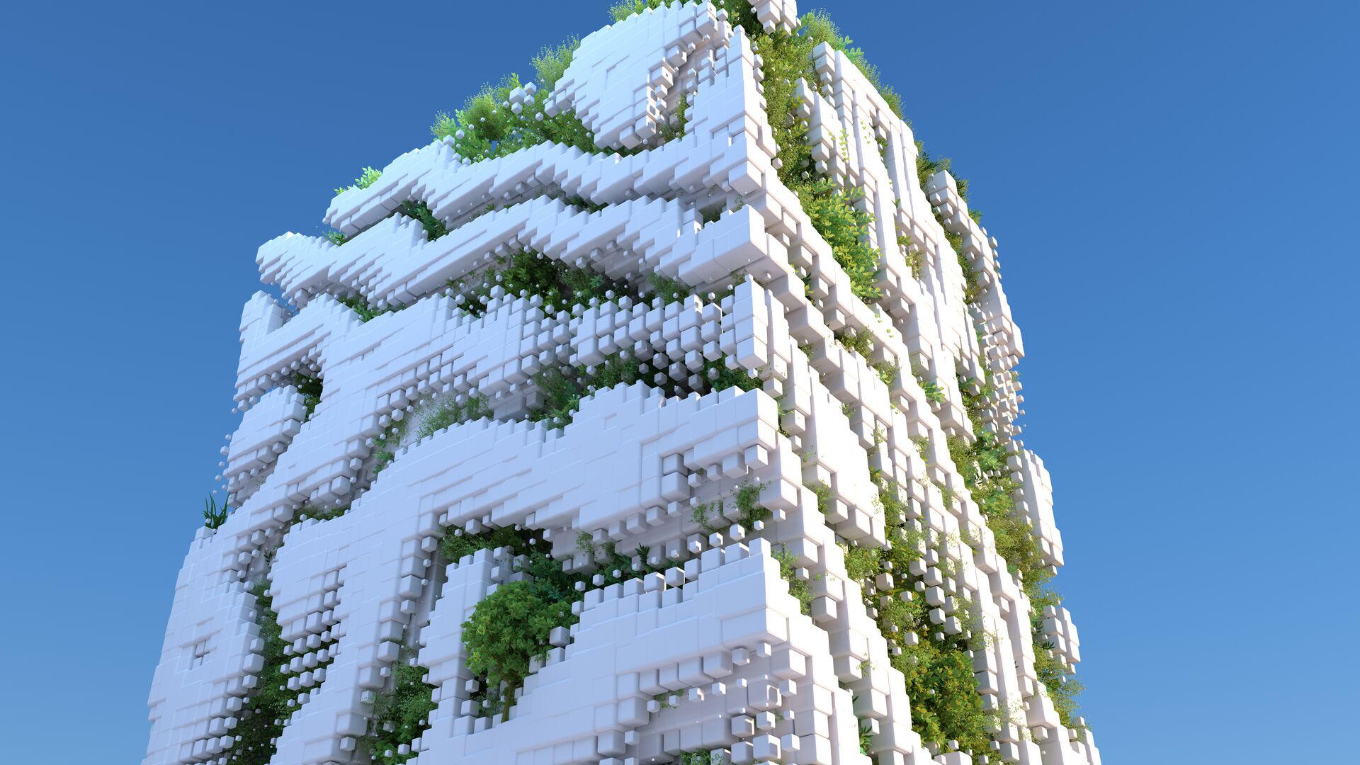 Concept for the intersection of digital assets and carbon credits as it is a geometric cube-like building with greenary all around representing sustainability and digital.