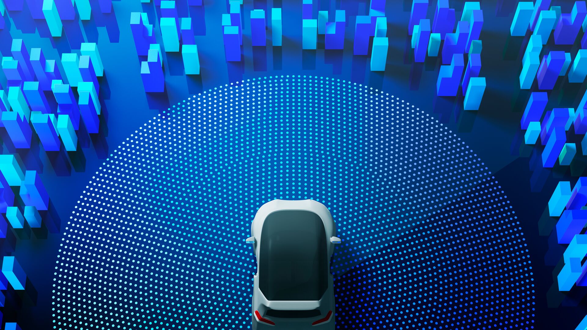 Small driverless white car ready to traverse a digitally formulated landscape mapping to our own cities and destinations. The background is blue and destinations are distinguished as blue and light blue blocks.