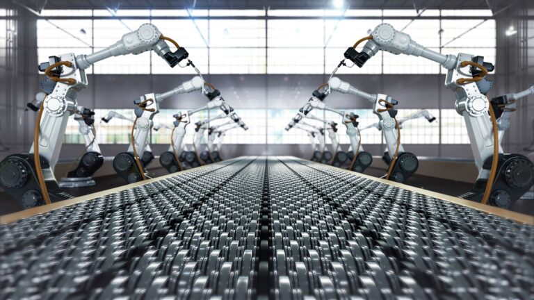 Robotics arms in a manufacturing line.