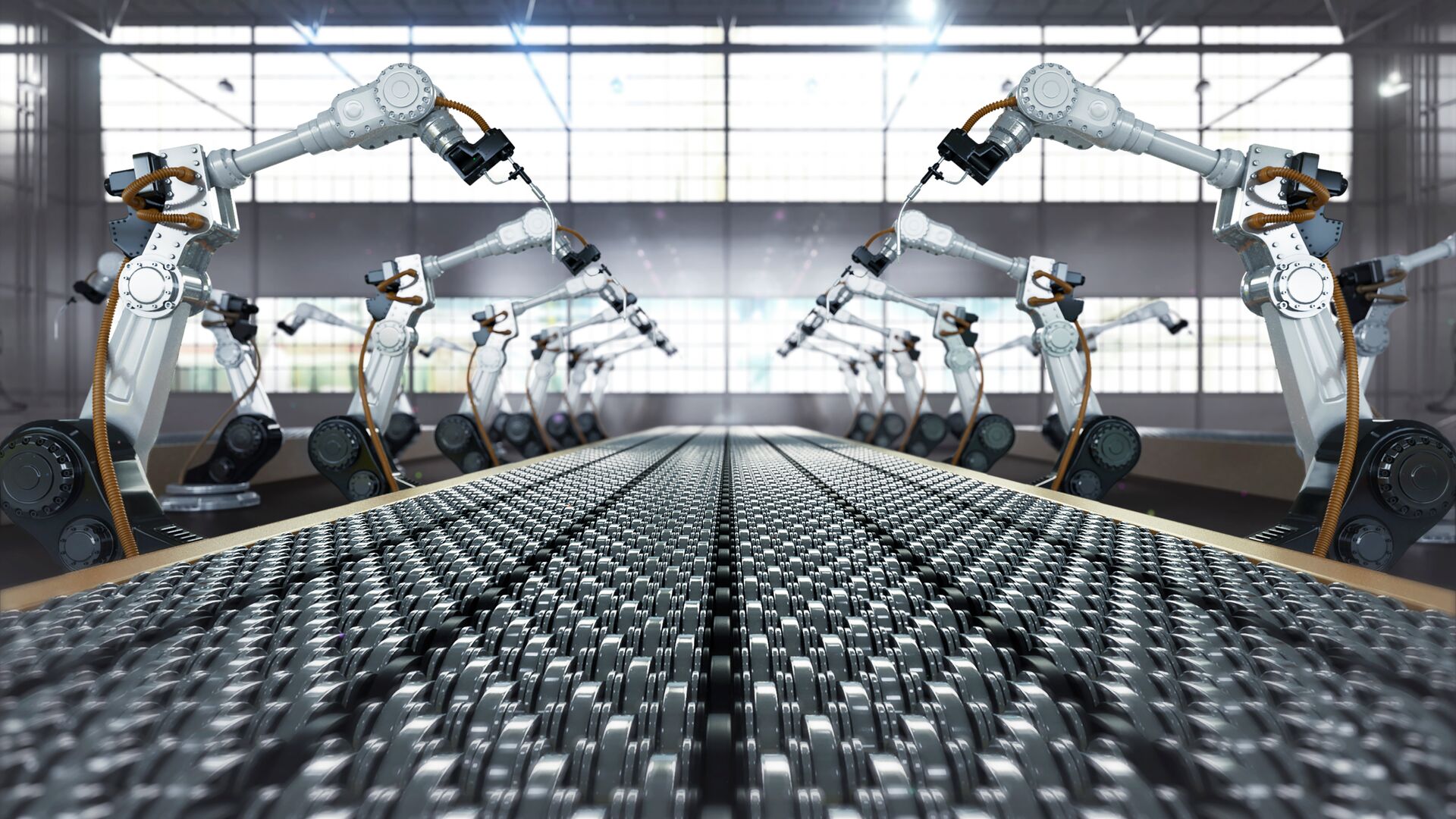 Robotics arms in a manufacturing line.