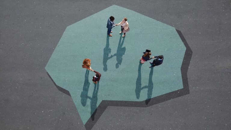 Aerial photographic illustration of 3 groups of two people talking on a speech bubble