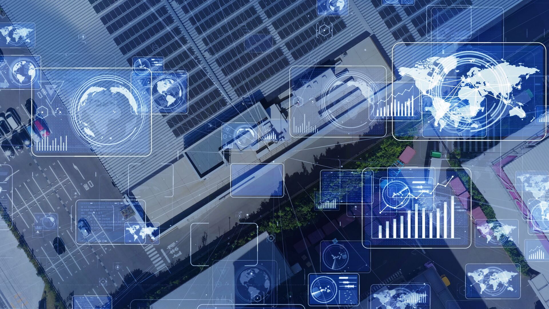 A digital illustration of a satellite view of a city street. Dashboard and HUD graphics are overlaid on the photo.