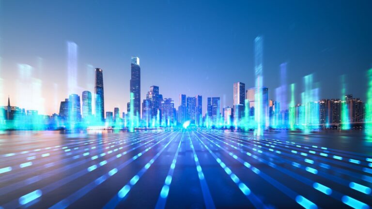 Digital Illustration off a city skyline with light streaking effects.