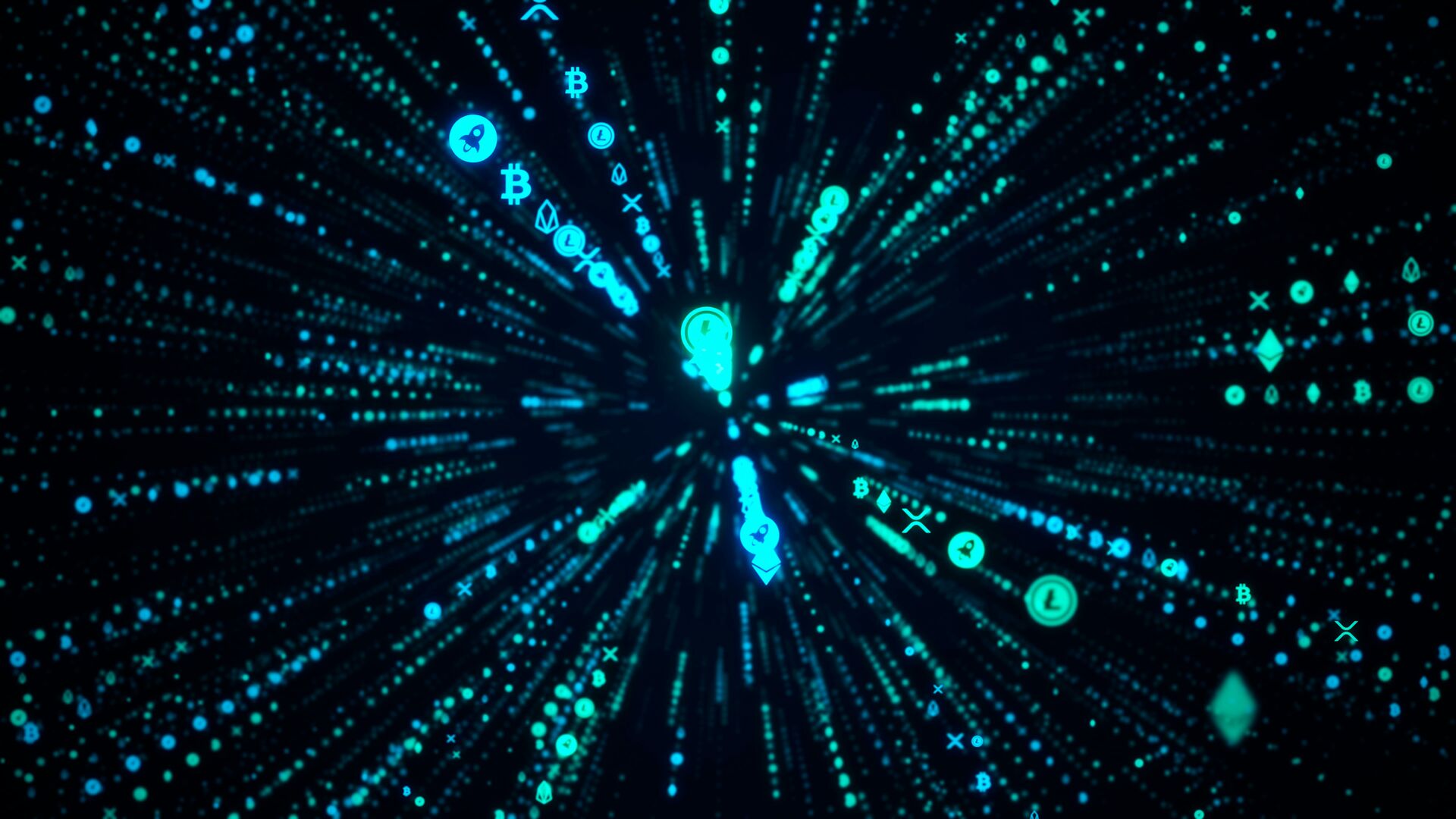 Bitcoin, blockchain and other digital currencies are tunneling through a black void like streaks of light in blue and blue-green, representing rapid innovation in the space.