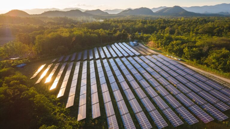 A shot looking over a landscape littered with solar panels under a sun drenched sky at dawn representing our podcast on the implications of solar policy in the U.S.