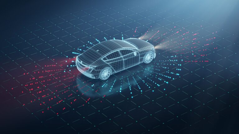 Abstract image of a transparent view, as if you were looking at a blueprint, of an electric car against a dark blue digital background representing our latest EV report.