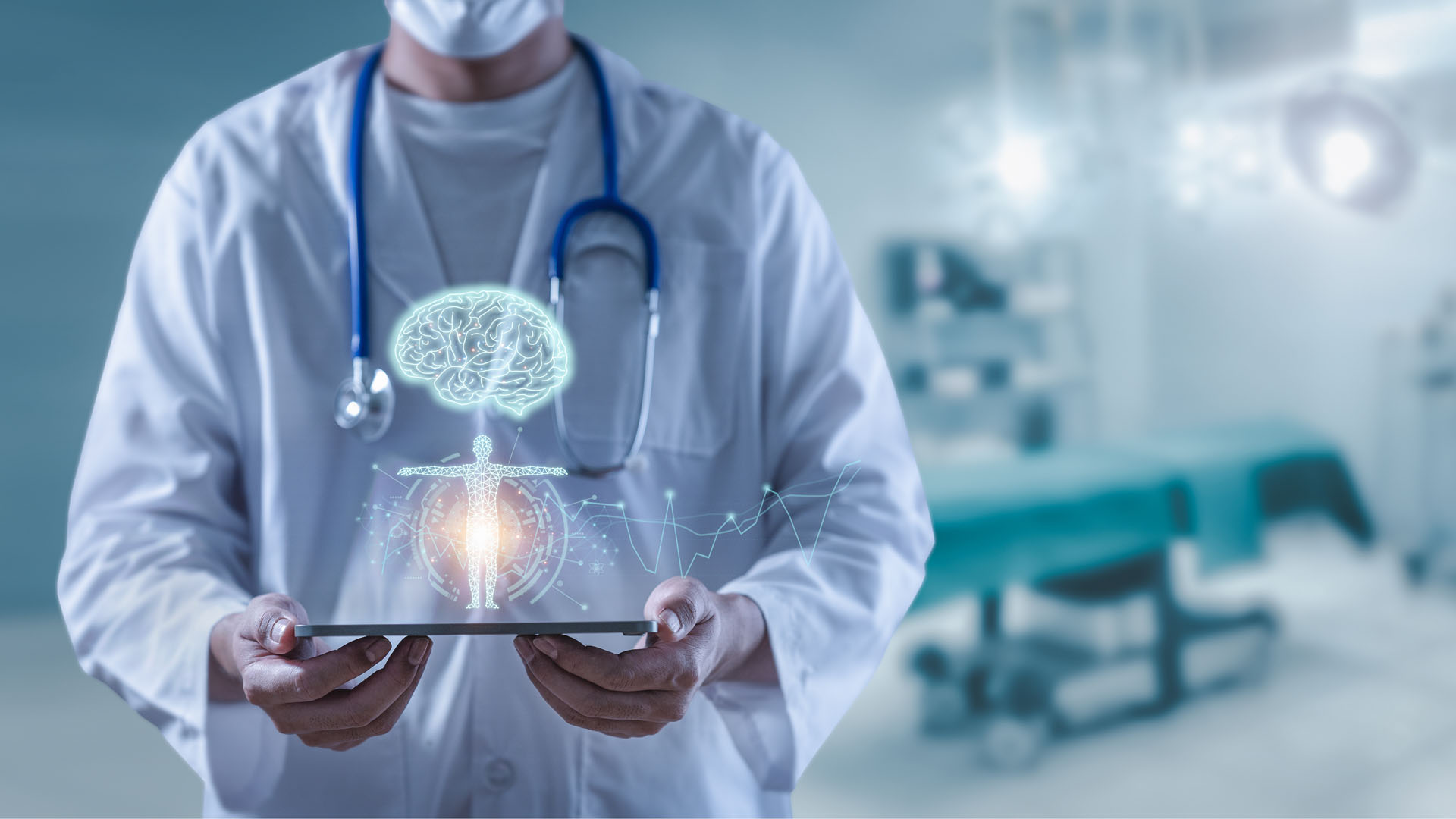 An illustration featured a doctor in a surgical theater holding up a tablet that has a hologram of a human body and a large brain with lines coming out of each element.