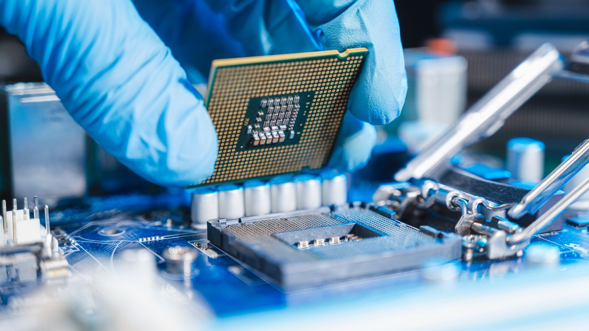 A CPU going into a motherboard, carefully placed by gloved hands and utilizing cutting-edge semiconductor technology.